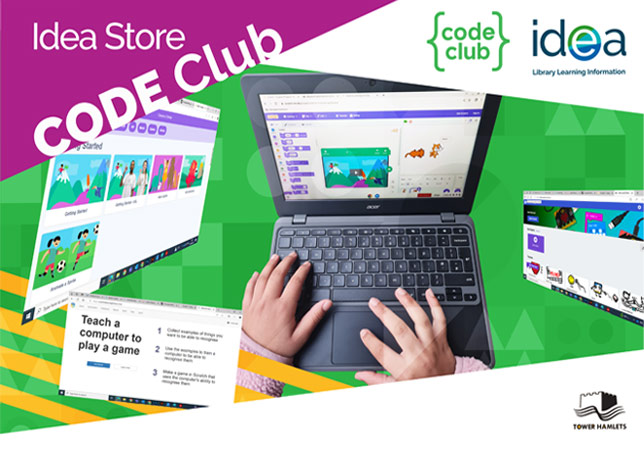 Child typing code on laptop. Code club and Idea Store Logo