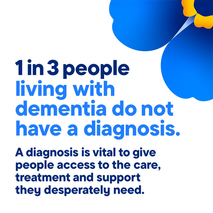 1 in 3 People living with dementia do not have a diagnosis. A diagnosis is vital to give people access to the care, treatment and support they desperately need.