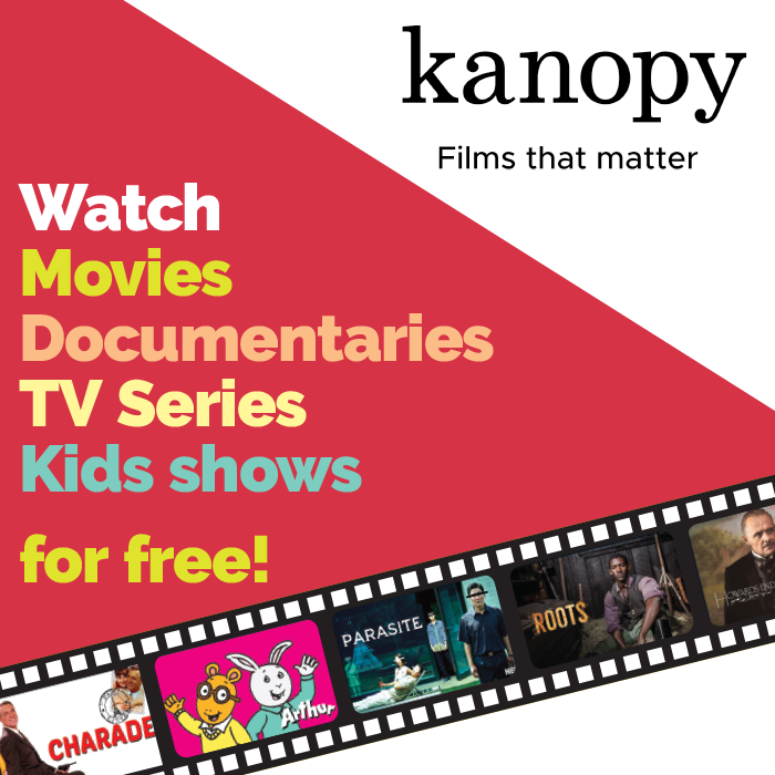 Kanopy logo with list of genres and graphics